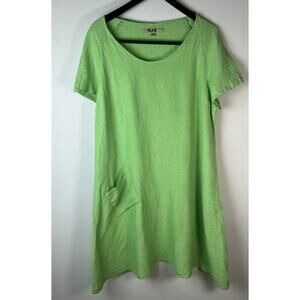 Flax Linen Midi Dress size M Green Short Sleeve Pull On Striped Lagenlook